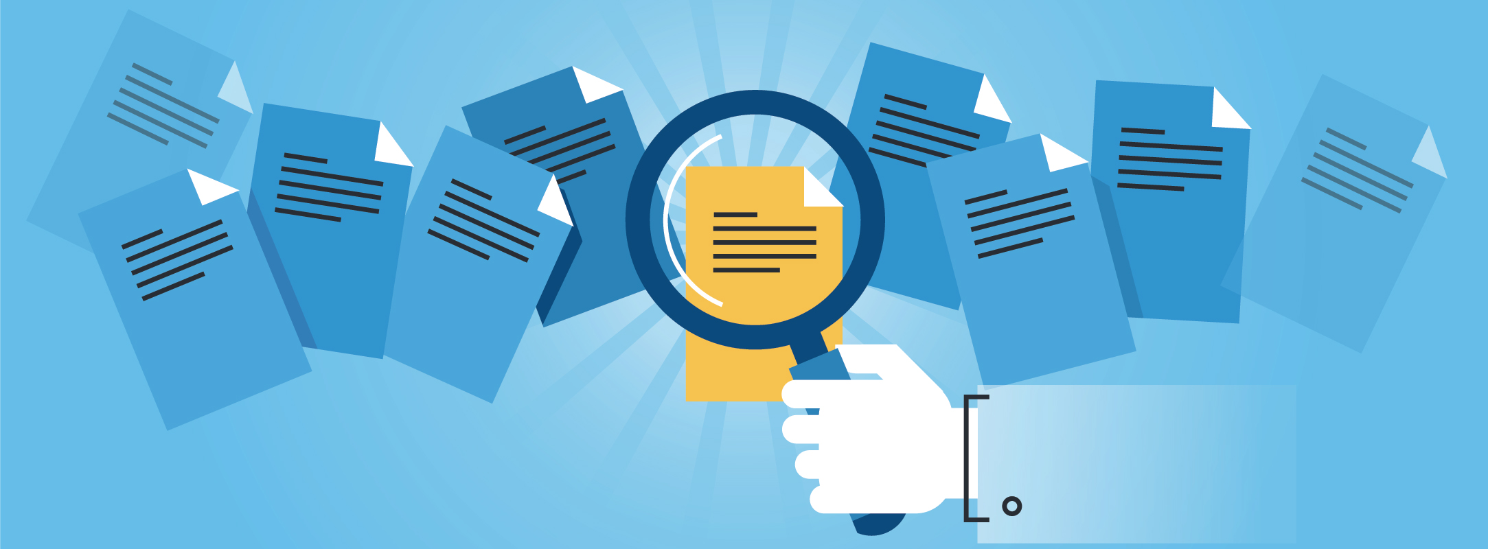 A magnifying glass over sheets of policy papers